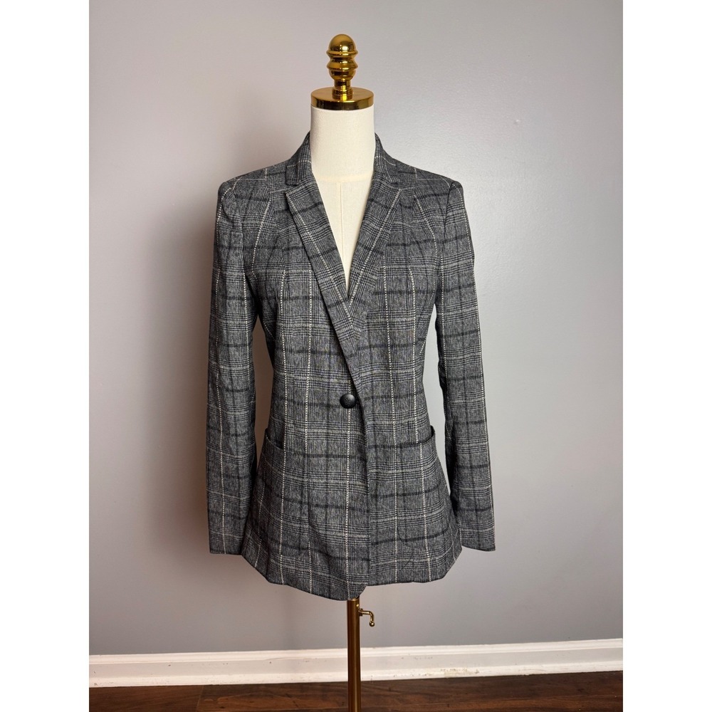 T Tahari Blazer Womens S Gray Excellent Glen Plaid Single Button Professional